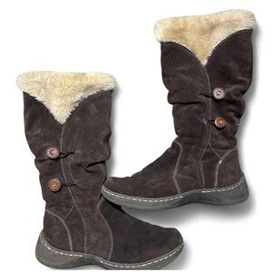 St. John's Bay Brown Suede Boots with Cream Fur Trim